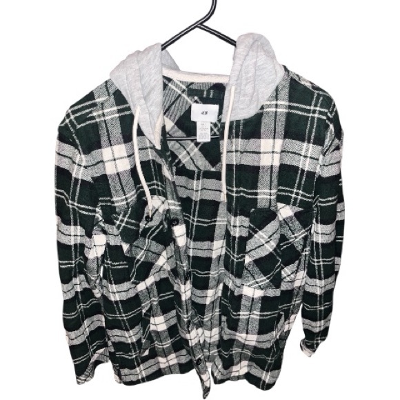 🩷 H&M Men’s Plaid Flannel Grey Hoodie Jacket SIZE SMALL BLACK WHITE - Picture 1 of 6